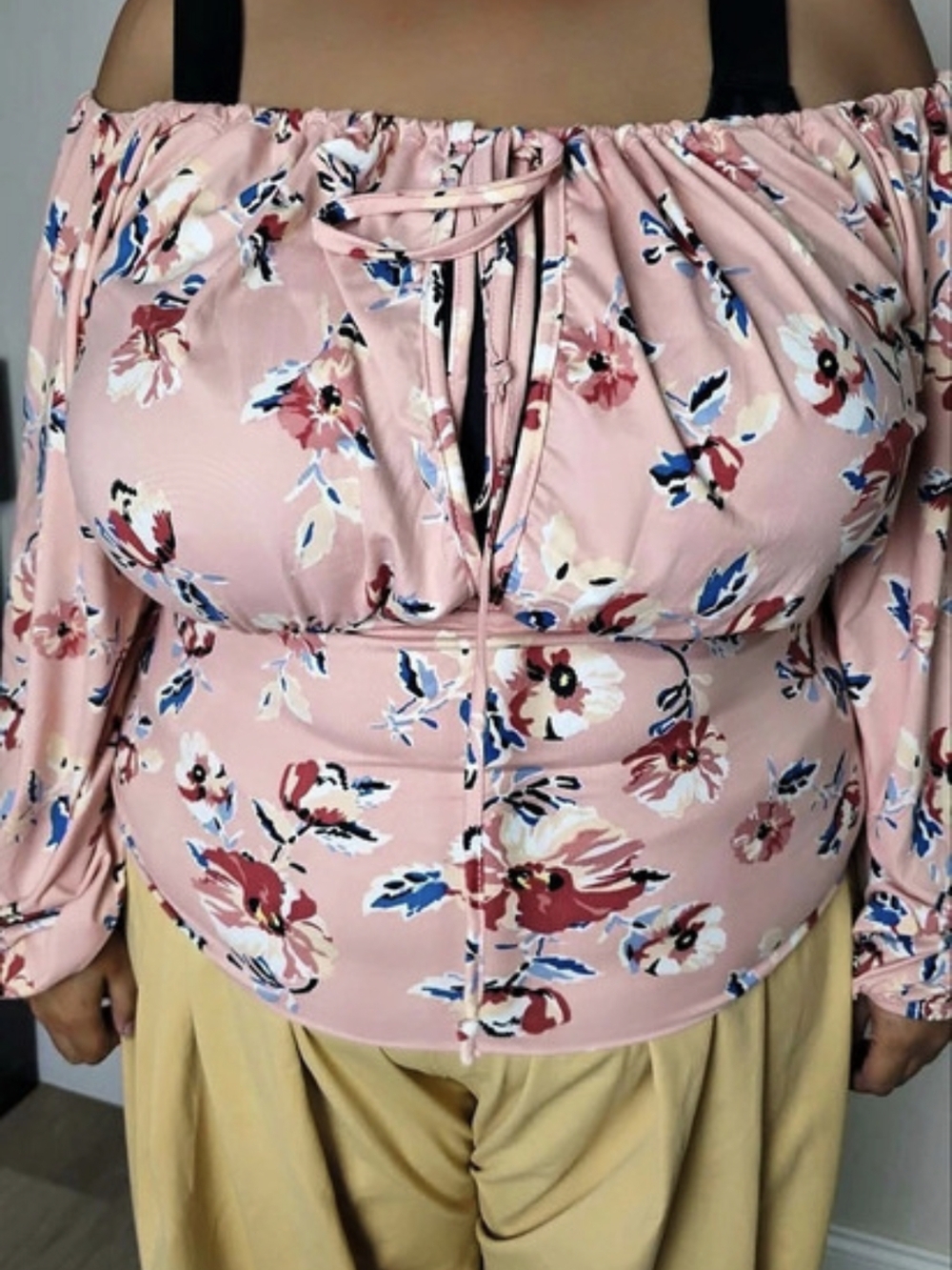 Rebdolls Tie-Detail Blouse Floral Off-Shoulder Pink